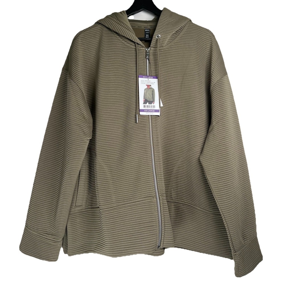 NWT DKNY Ottoman Full Zip Hoodie XXL Utility Green Ribbed Knit Jacket
